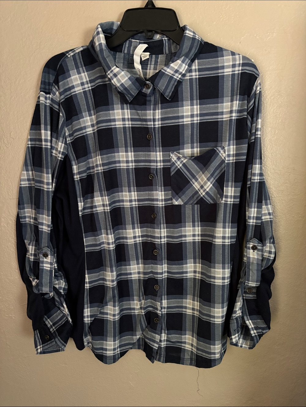 NY Collection Ribbed Side Blue Flannel Button Down Shirt 2X